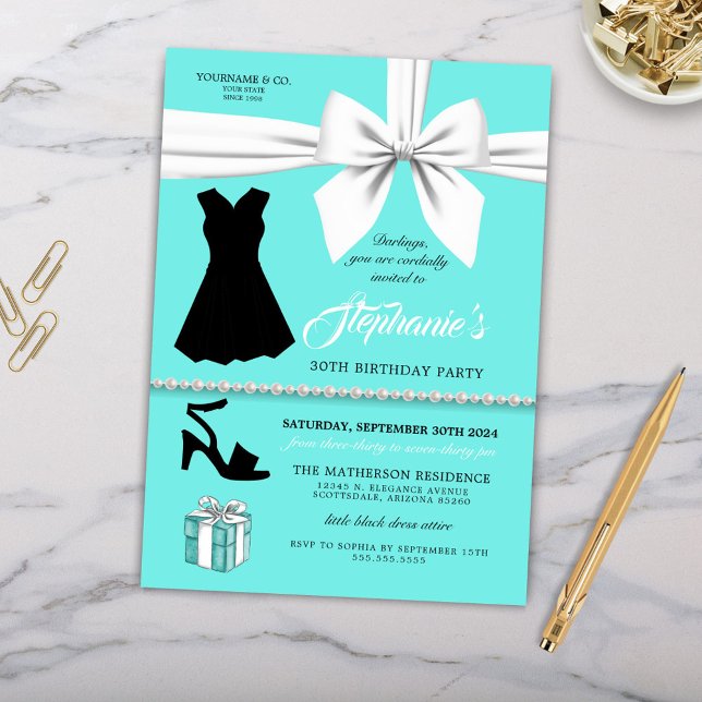 Convites Alegante Aqua Fashion Tiffany Aniversário (Little Black Dress Elegant Birthday Party Invitation with Pearls and White Bow)