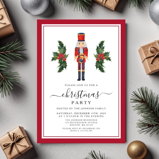 Convites Alegre Festa de Natal do Quebra-Nozes Vermelho (Festive Red Nutcracker Christmas Party Invitation)