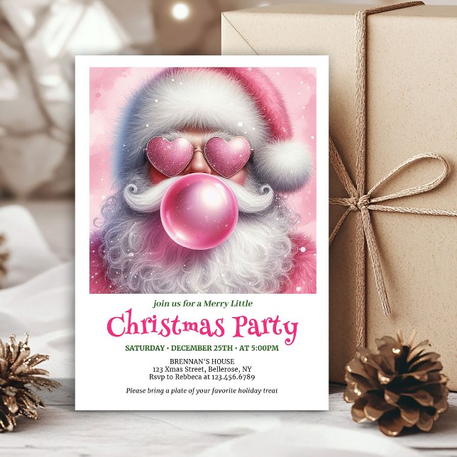 Convites Alegre Papai Noel rosa chiclete aquarela natal  (Jolly pink santa bubble gum watercolor holiday invite)