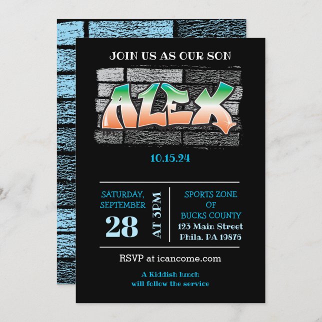 Convites ALEX Seu Nome Brick Wall Paint Splatter do Grafite (Frente/Verso)