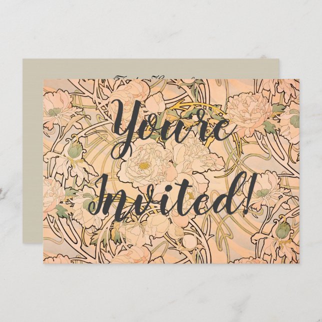 Convites Alfonse Mucha Art Nouveau Peonies (Frente/Verso)