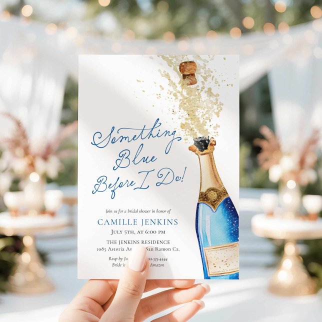 Convites Algo Azul Antes de Eu Fazer Brunch Chá de Noiva (Something Blue Before I do! Champagne Bridal Brunch Invitation)