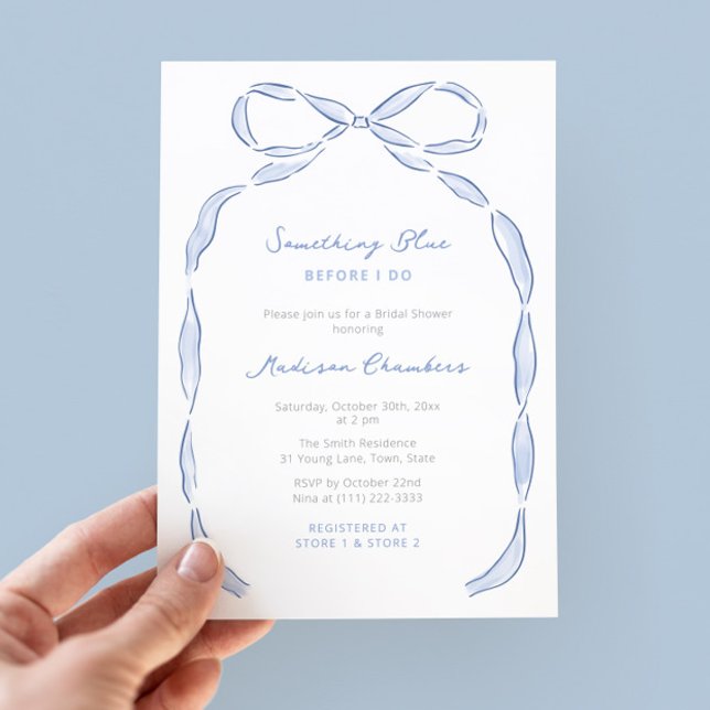 Convites Algo Azul Antes De Eu Fazer Chá de panela Arco (Whimsical hand drawn bow and handwritten font Something Blue Before I Do Bridal Shower invitations)