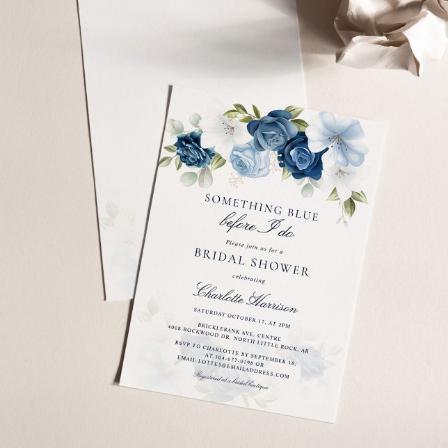 Convites Algo Azul Antes De Eu Fazer Chá de panela Floral (Something Blue Before I Do Watercolor Floral Script Bridal Shower Invitation)