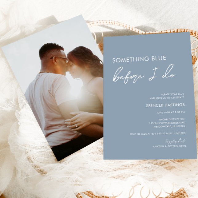 Convites Algo Azul Antes De Eu Fazer Chá de panela Moderno (Something blue before I do photo dusty blue bridal shower invitation)