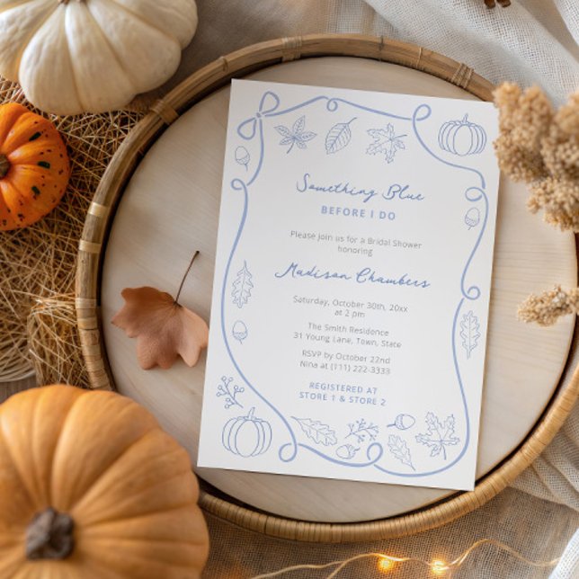 Convites Algo Azul Antes Que Eu Faça Chá de panela (Fall-theme Something Blue Wedding shower invitation with hand drawn Autumn leaves & handwritten font)