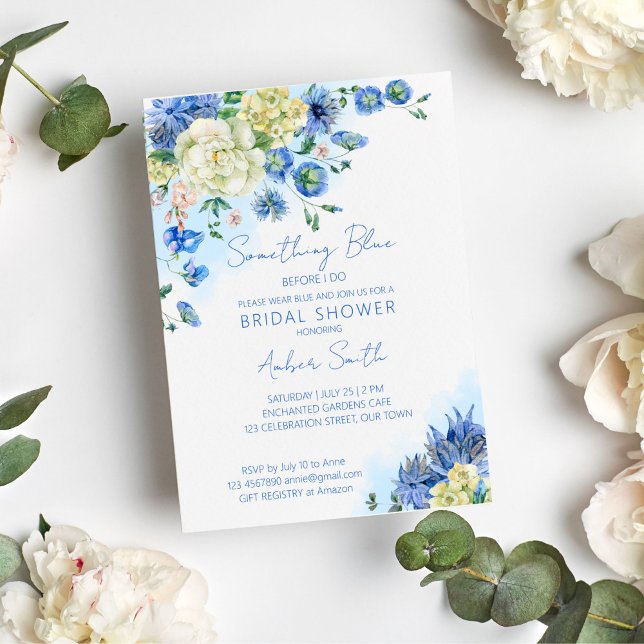 Convites Algo azul antes que eu faça chá de panela floral (Something blue before I do bridal shower invitation template vintage botanical garden themed shower)