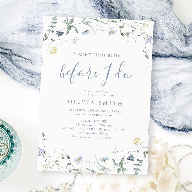 Convites Algo Azul, Chá de panela de flor silvestre (Something Blue Wildflower Boho Bridal Shower Invitation)