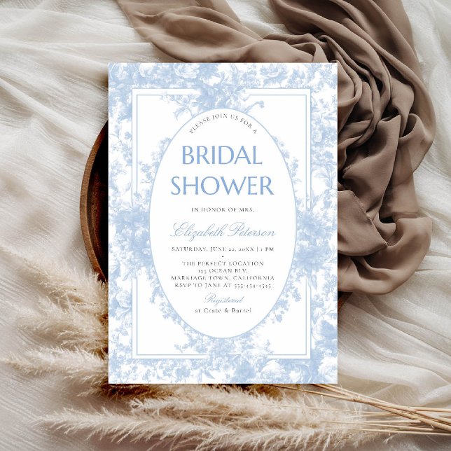 Convites Algo Azul Chateau Toile Elegante Chá de panela (something blue bridal shower invitation vintage garden chateau toile elegant classic calligraphy)