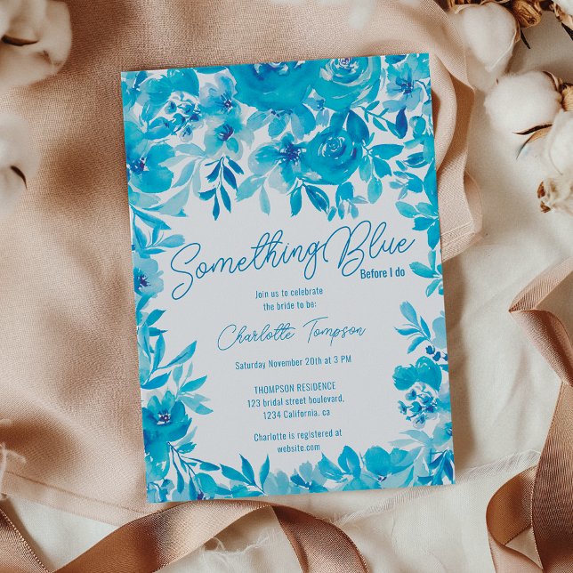 Convites Algo azul de chá de panela de aquarela floral (Something blue floral watercolor bridal shower invitation)