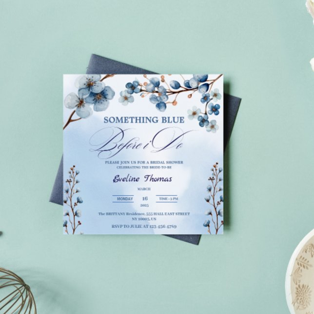 Convites Algo Azul Eu Floresço Brunch Chá de Noiva ( Something Blue Before I Do Bridal typography watercolor modern elegant calligraphy script brunch)