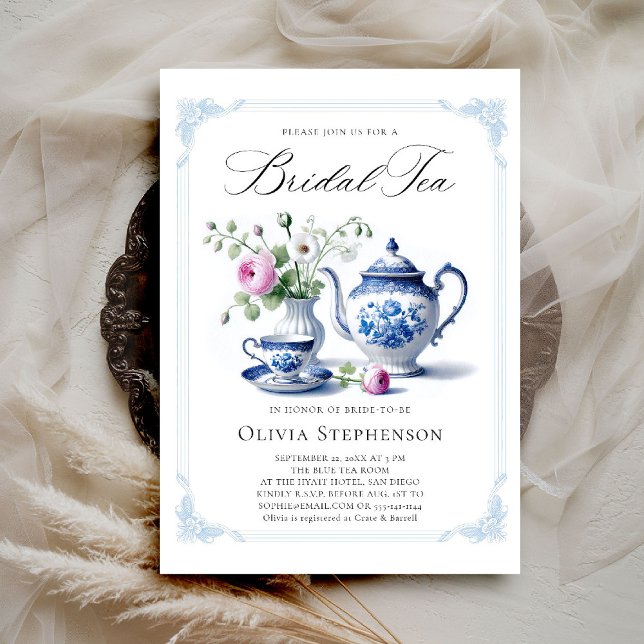 Convites Algo Azul Quadro de Toile Flora Bridal Tea Chá (bridal tea invitation toile chinoiserie blue frame tea set roses floral flower elegant modern classy)