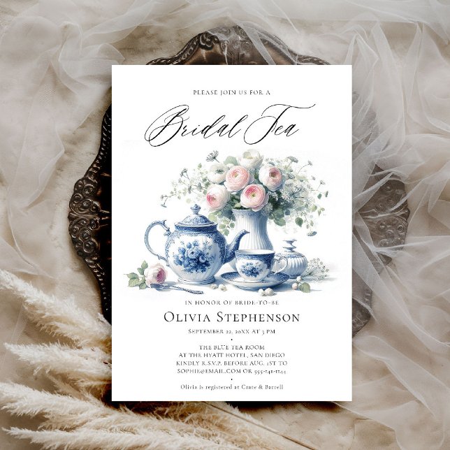 Convites Algo Azul Toile Tea Set Bridal Tea Chá (bridal tea invitation toile chinoiserie blue tea set roses floral flower elegant modern classic chic)