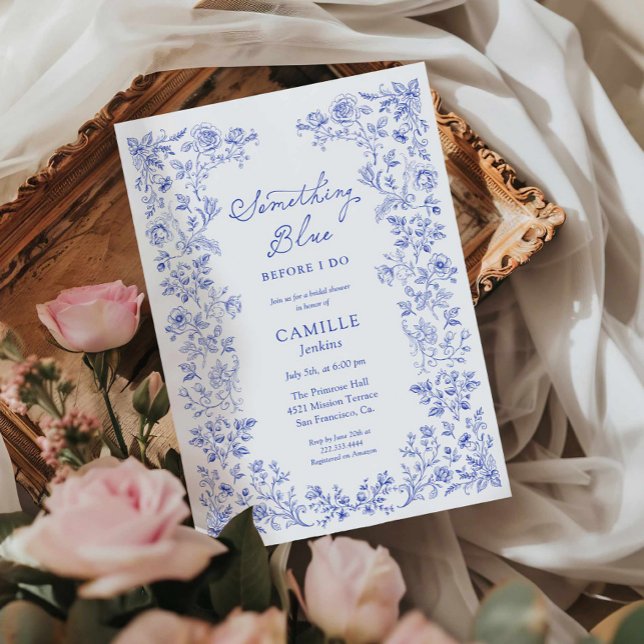Convites Algo Chá de panela Floral Azul (Something Blue Bridal Shower Invite)