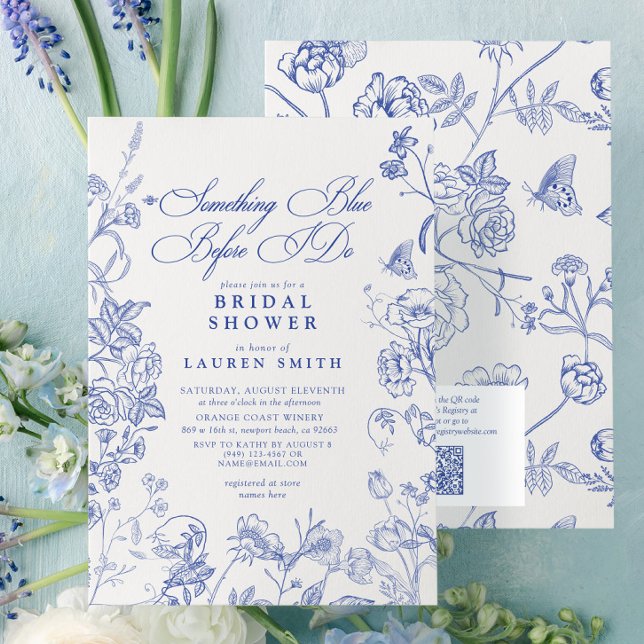 Convites Algo Chá de panela Floral QR Vitoriano Azul (Criador carregado)