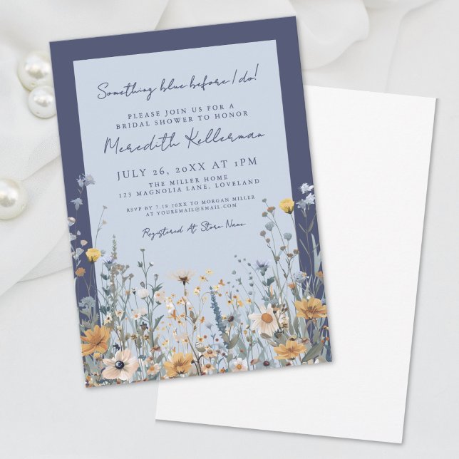 Convites Algo de Chá de panela de flor selvagem azul (Something Blue Wildflower Bridal Shower Invitation)