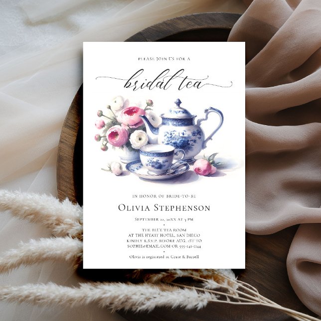 Convites Algo Rosa Azul  Chic Bridal Tea Chá (bridal tea invitation toile chinoiserie blue delft roses floral flower elegant modern classic chic)