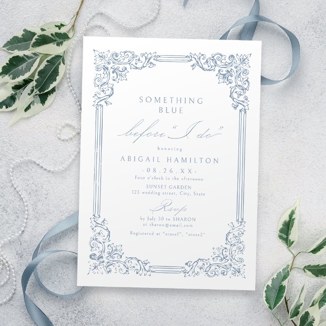 Convites Algo sobre o Chá de panela elegante de quadro de i (Something Blue Vintage Frame Elegant Bridal Shower Invitation)