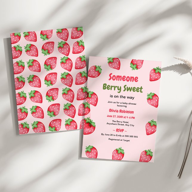 Convites Alguém Muito Doce Morango Rosa Chás de Bebê (Someone Berry Sweet Strawberry Baby Shower Invitation  )