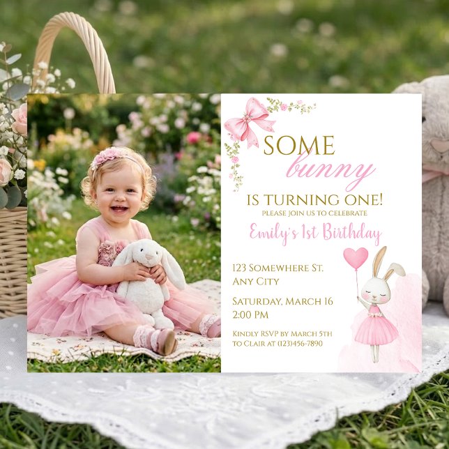 Convites Algum Coelhinho é uma Foto de Bailarina Coquete Ro (Girl’s Bunny 1st Birthday Photo Invitation. Some Bunny is Turning One clean minimalist design.)