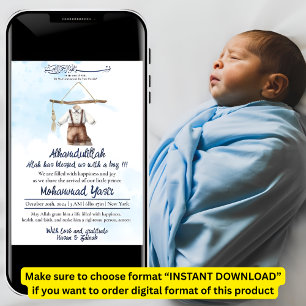 Convites Alhamdulillah, bebê muçulmano azul, parto