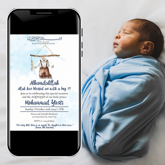 Convites Alhamdulillah Blue Muslim Baby Boy Aqiqah (Criador carregado)