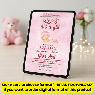 Convites Alhamdulillah rosa aqeeqah bebê menina muçulmana
