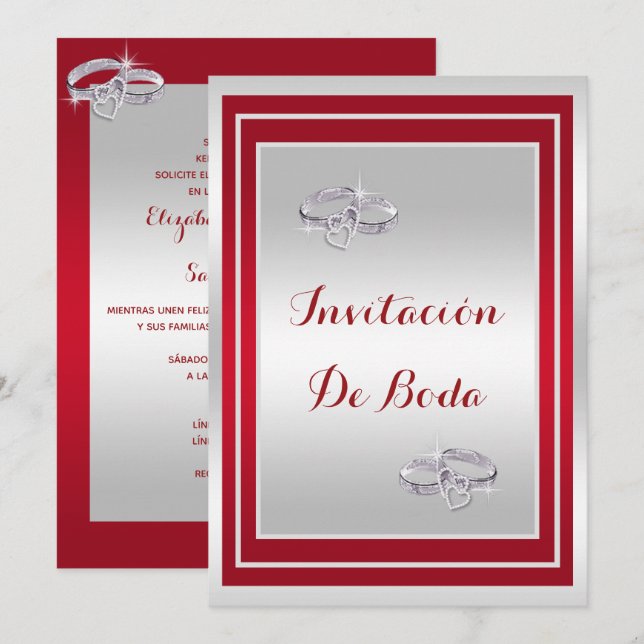 Convites Alianças de Casamento Elegantes de Prata e Vermelh (Frente/Verso)