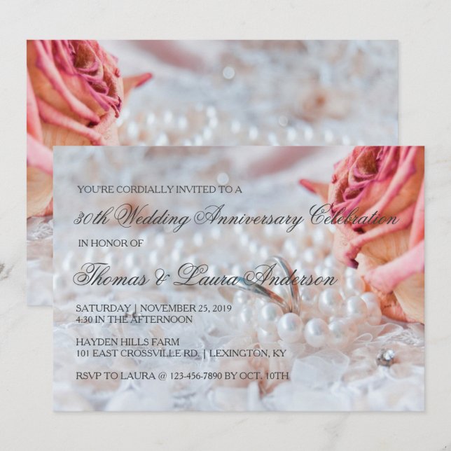 Convites Alianças de Casamento Pérolas Aniversário de 30 An (Frente/Verso)