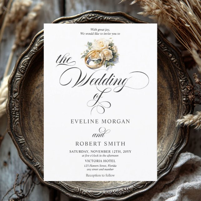 Convites Alianças de ouro para caligrafia elegante e casame (Watercolor gold wedding rings with flowers modern script wedding invitation)
