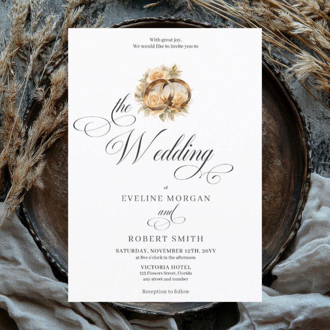 Convites Alianças de ouro para caligrafia elegante e casame (Elegant script font watercolor gold wedding rings wedding invitation)