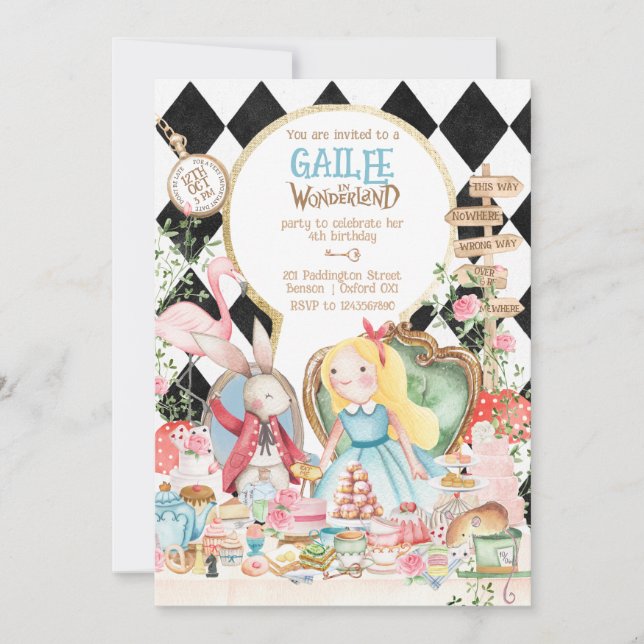 Convites Alice Adventures em Woderland Birthday Tea Party (Frente)