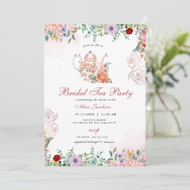 Convites ALICE Blush Floral Bridal Tea Party BrunChá (Em pé/Frente)