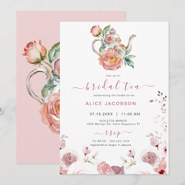 Convites ALICE Blush Floral Bridal Tea Party BrunChá (Frente/Verso)