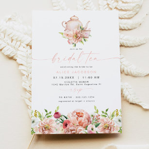 Convites ALICE Blush Floral Bridal Tea Party BrunChá