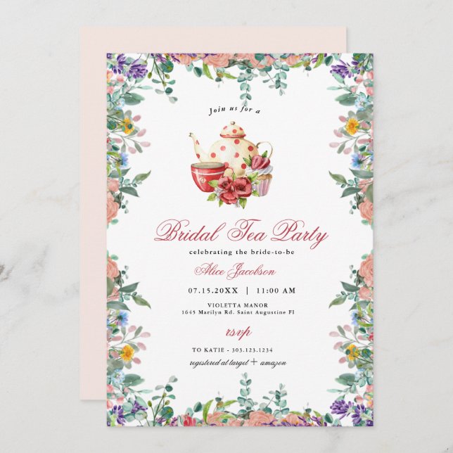 Convites ALICE Blush Floral Bridal Tea Party BrunChá (Frente/Verso)