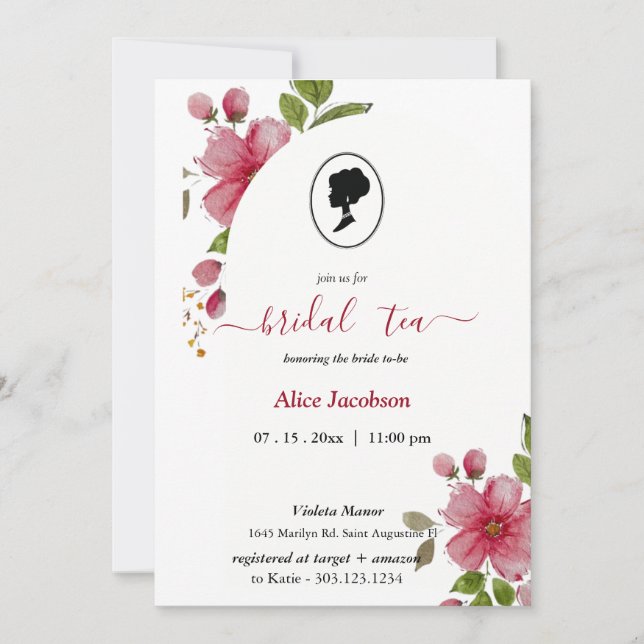 Convites ALICE Blush Floral Bridal Tea Party BrunChá (Frente)