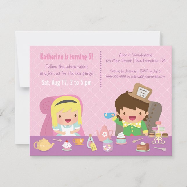 Convites Alice bonito na festa de aniversário do tea party (Frente)