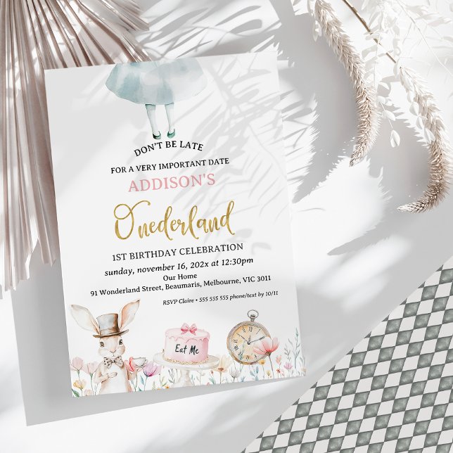 Convites Alice Floral no primeiro aniversario de Onederland (Alice Onederland 1st Birhday Invitation baby Girl Invitation, Girls Onederland 1st Birthday Invite)