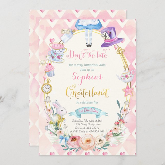 Convites Alice Floral Rosa Em Uma Festa De Aniversário De U (Frente/Verso)