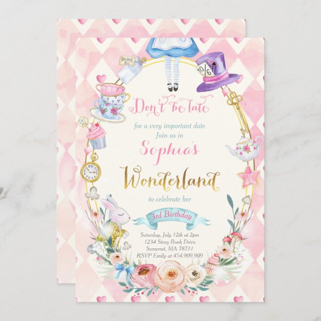 Convites Alice Floral Rosa No País Das Maravilhas, Festa De (Frente/Verso)