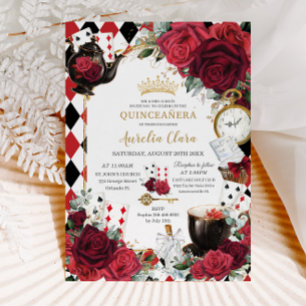 Convites Alice Floral rosa vermelha em Wonderland Quinceañe