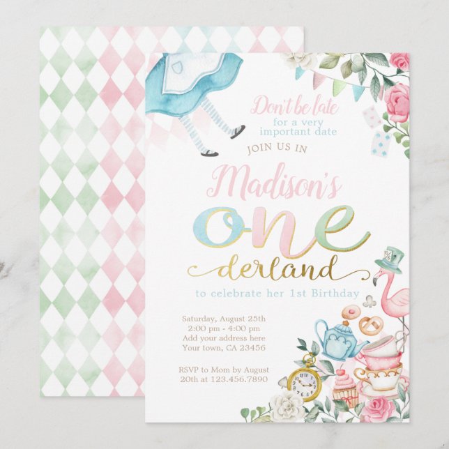 Convites Alice in ONEderland 1st Birthday (Frente/Verso)