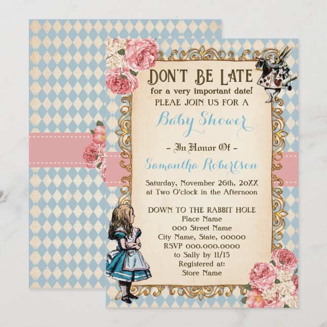 Convites Alice in Wonderland Pink Flowers Baby Shower (Frente/Verso)