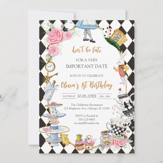 Convites Alice in Wonderland Tea Party Birthday Invitation (Frente)