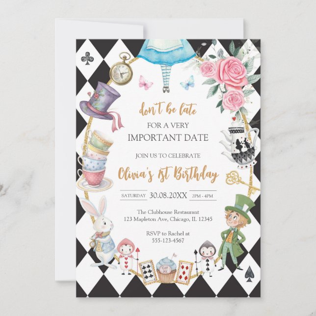 Convites Alice in Wonderland Tea Party Birthday Invitation (Frente)
