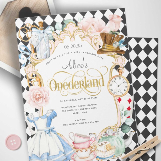Convites Alice mad hatter maravilha da terra primeiro anive (Alice Onederland, Girl 1st birthday invitation.)