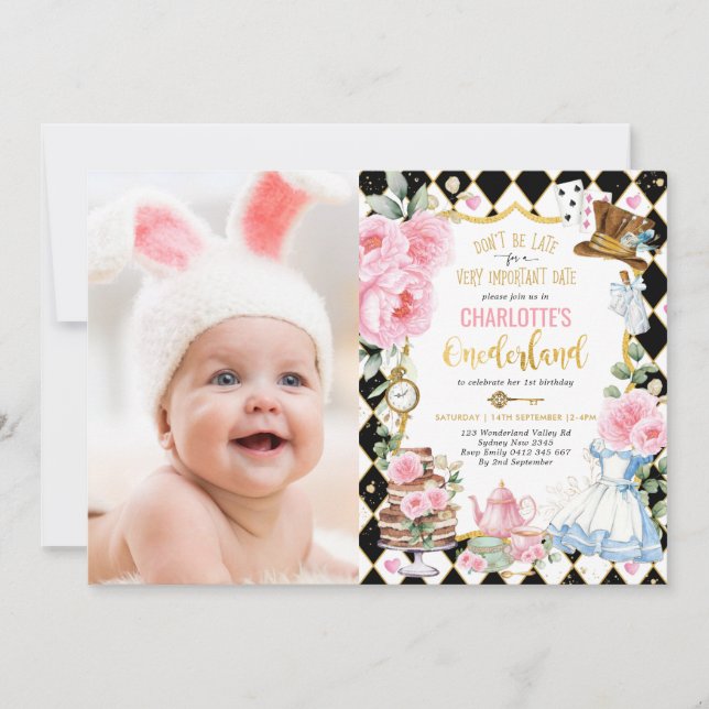 Convites Alice no Aniversário do Alto Chá de Onederland (Frente)