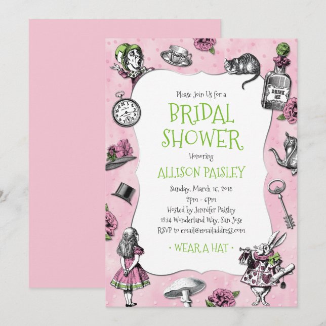 Convites Alice no Chá de panela Rosa e Verde da Maravilha (Frente/Verso)