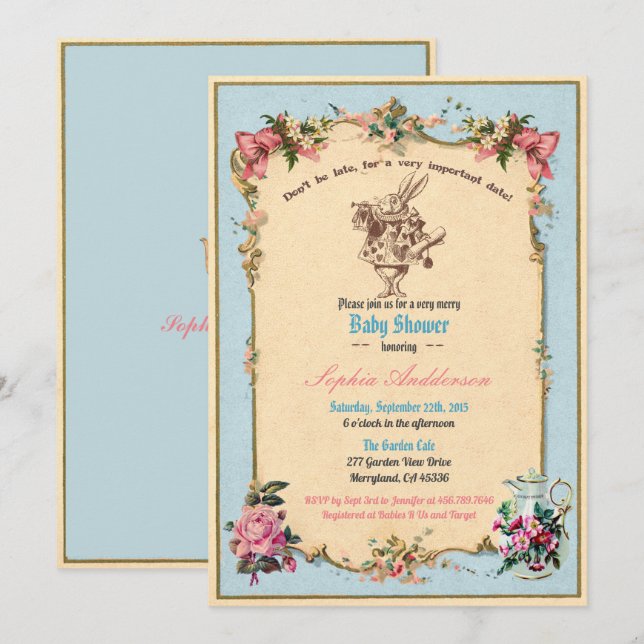 Convites Alice no mundo das maravilhas do Chá de fraldas e  (Frente/Verso)